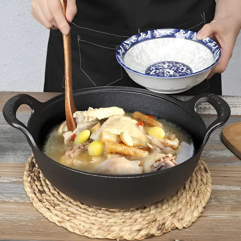 20/30cm Double Ear  Cooking Pot Cast Iron Pot No Coating Non Stick Gas Cooker Cookware Wok Pan Fry Pan with Glass Lid/Fir Lid