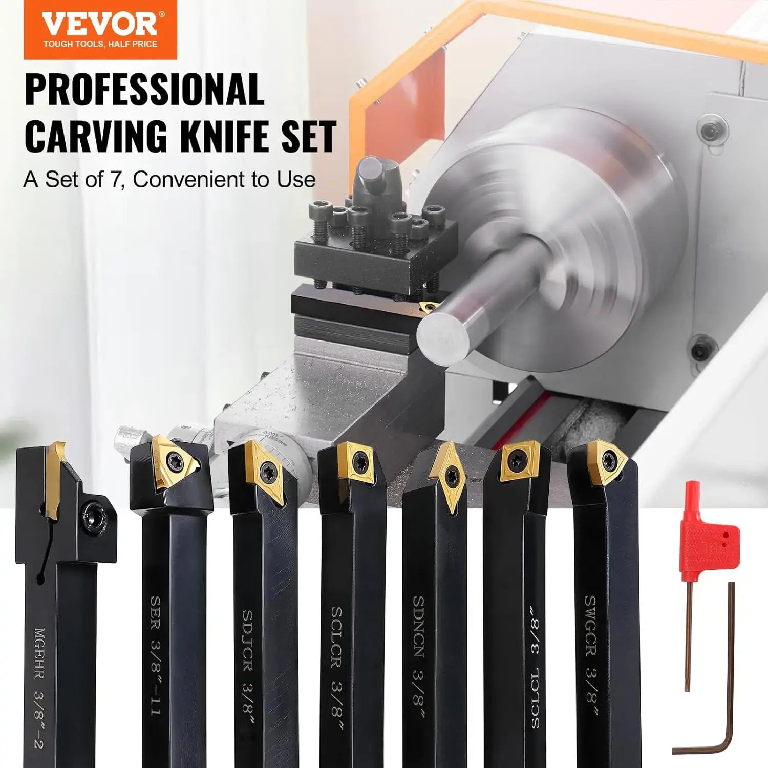 7 Pieces Indexable Lathe Turning Tool Holder, 3/8 in, CNC Heavy-Duty Metal Lathe Cutting Tools