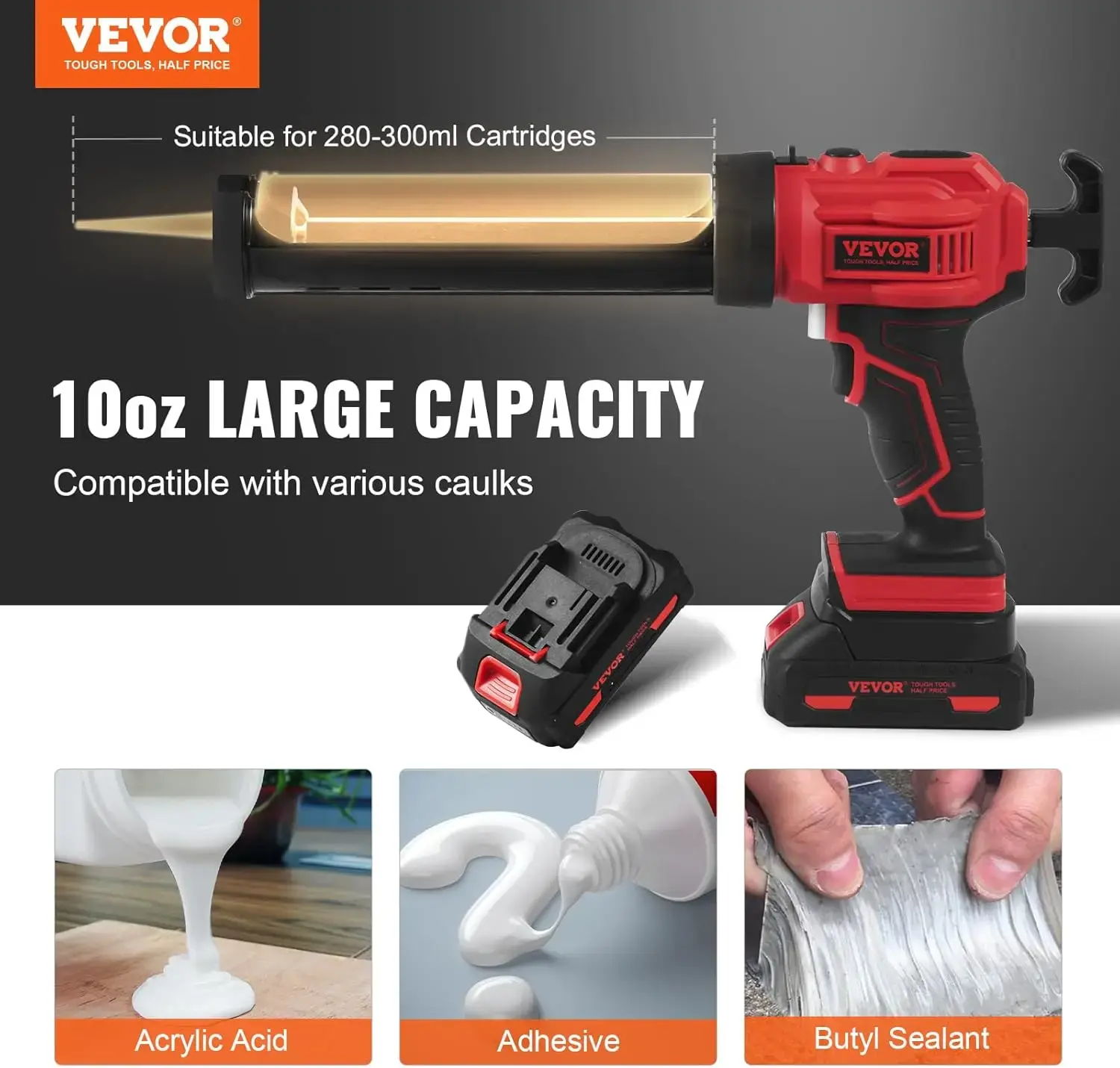 Cordless Caulking Gun 10oz/300ml, 20V Electric Caulking Gun with 4 Adjustable Speeds