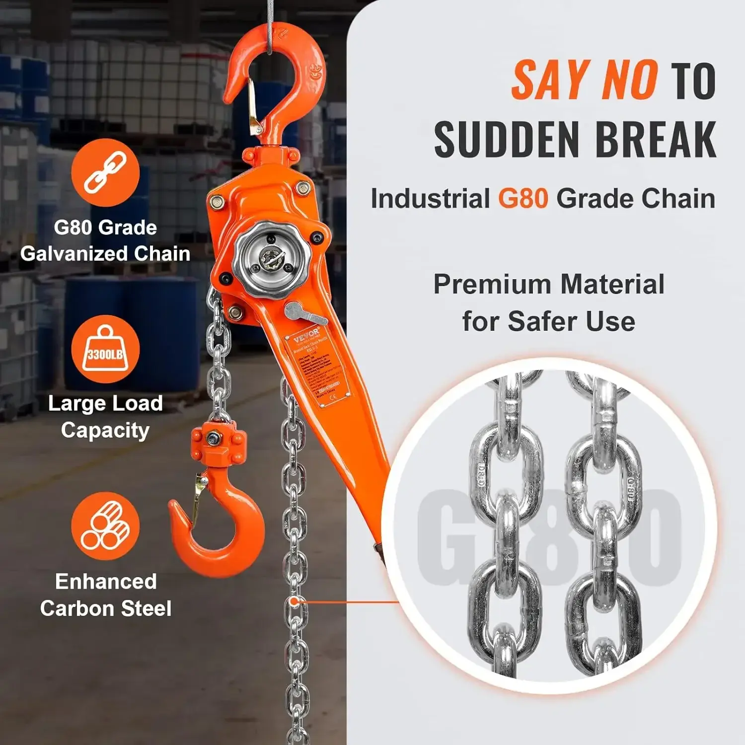 Manual Lever Chain Hoist,1-1/2 Ton 3300 lbs Capacity 10 FT Come Along,G80 Galvanized Carbon Steel with Weston Double-Pawl Brake