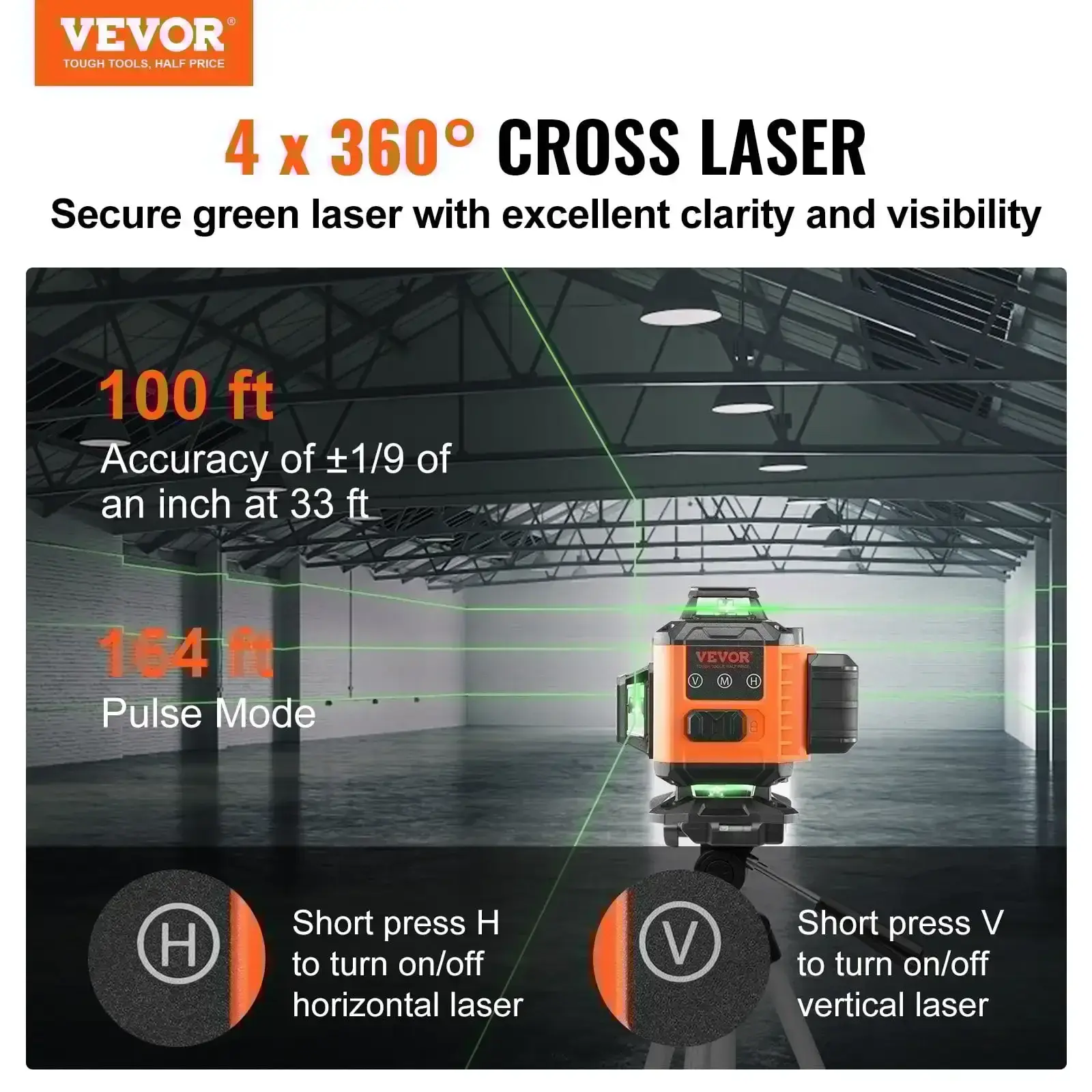 Laser Level - 100ft Self Leveling Green 3 x 360° Cross 16 Line Laser, IP54 Waterproof, Remote Control