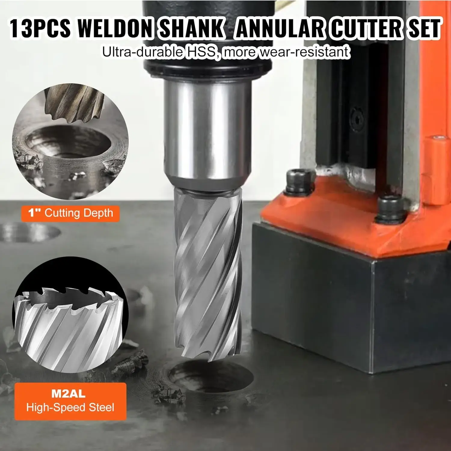 Annular Cutter Set, 13 pcs Weldon Shank Mag Drill Bits, 1" Cutting Depth, 7/16" to 1-1/16" Cutting Diameter