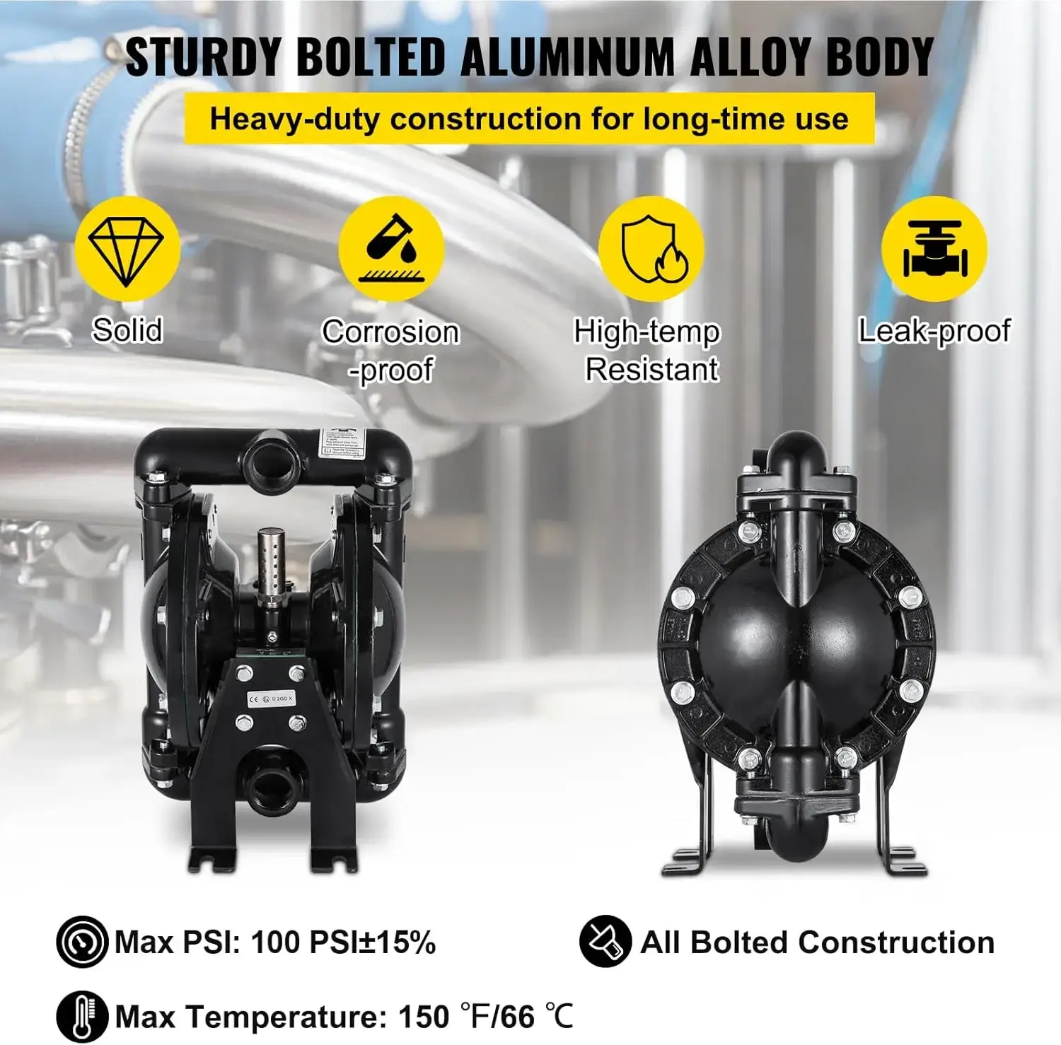 Air-Operated Double Diaphragm Pump 1 inch Inlet Outlet Aluminum 35 GPM Max 120PSI for Industrial Use