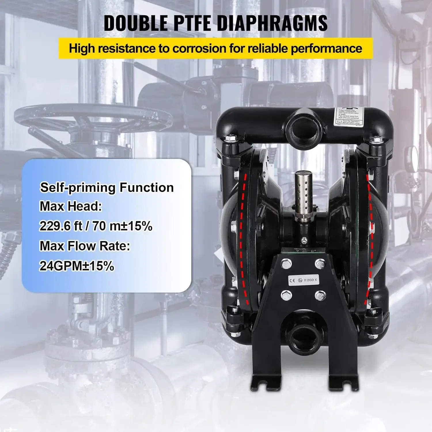 Air-Operated Double Diaphragm Pump 1 inch Inlet Outlet Aluminum 35 GPM Max 120PSI for Industrial Use