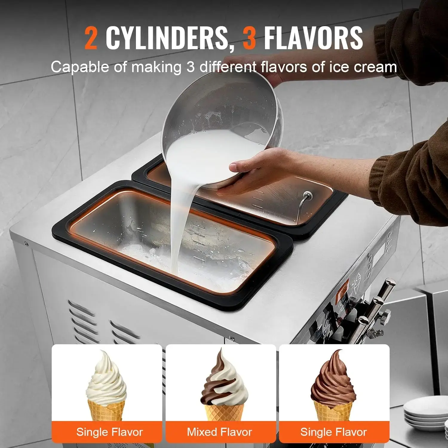 Commercial Ice Cream Machine, 34-44 L/H Yield, 3400W 3-Flavor Freestanding Soft Serve Ice Cream Maker