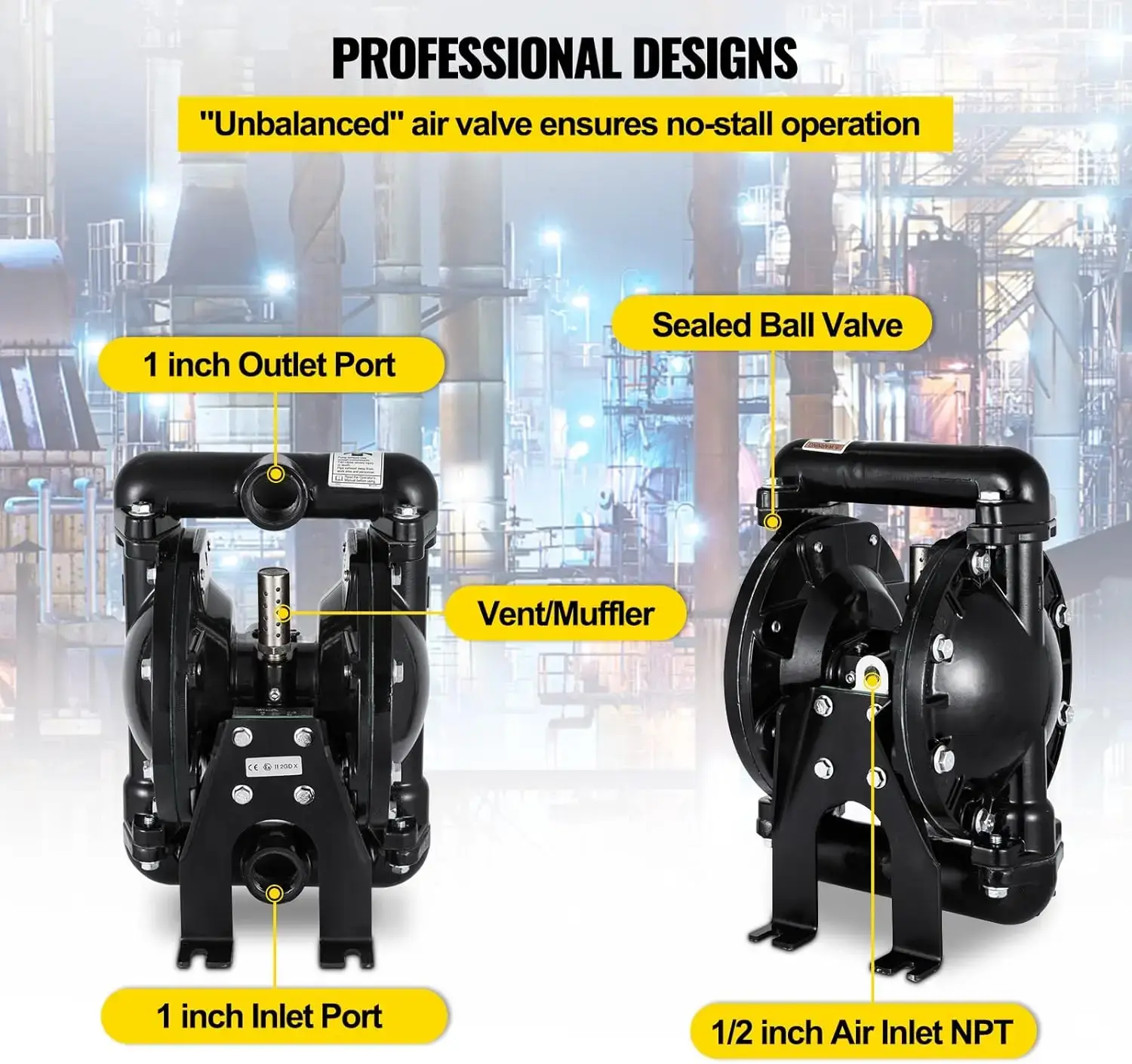 Air-Operated Double Diaphragm Pump 1 inch Inlet Outlet Aluminum 35 GPM Max 120PSI for Industrial Use