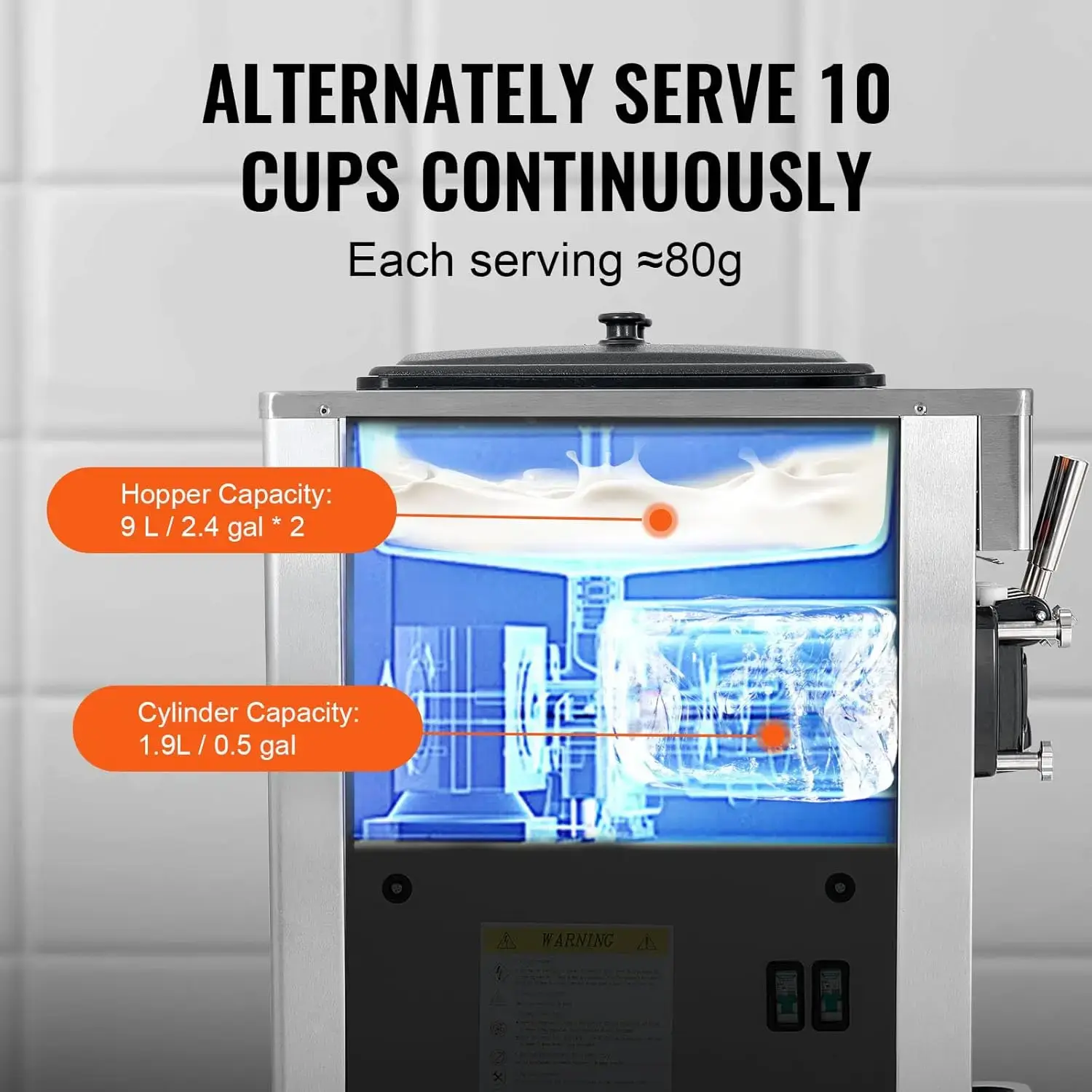 Commercial Ice Cream Machine, 34-44 L/H Yield, 3400W 3-Flavor Freestanding Soft Serve Ice Cream Maker