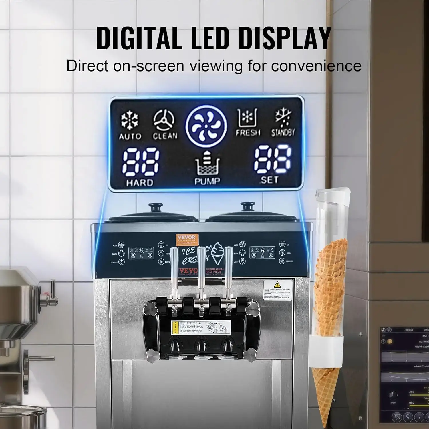 Commercial Ice Cream Machine, 34-44 L/H Yield, 3400W 3-Flavor Freestanding Soft Serve Ice Cream Maker