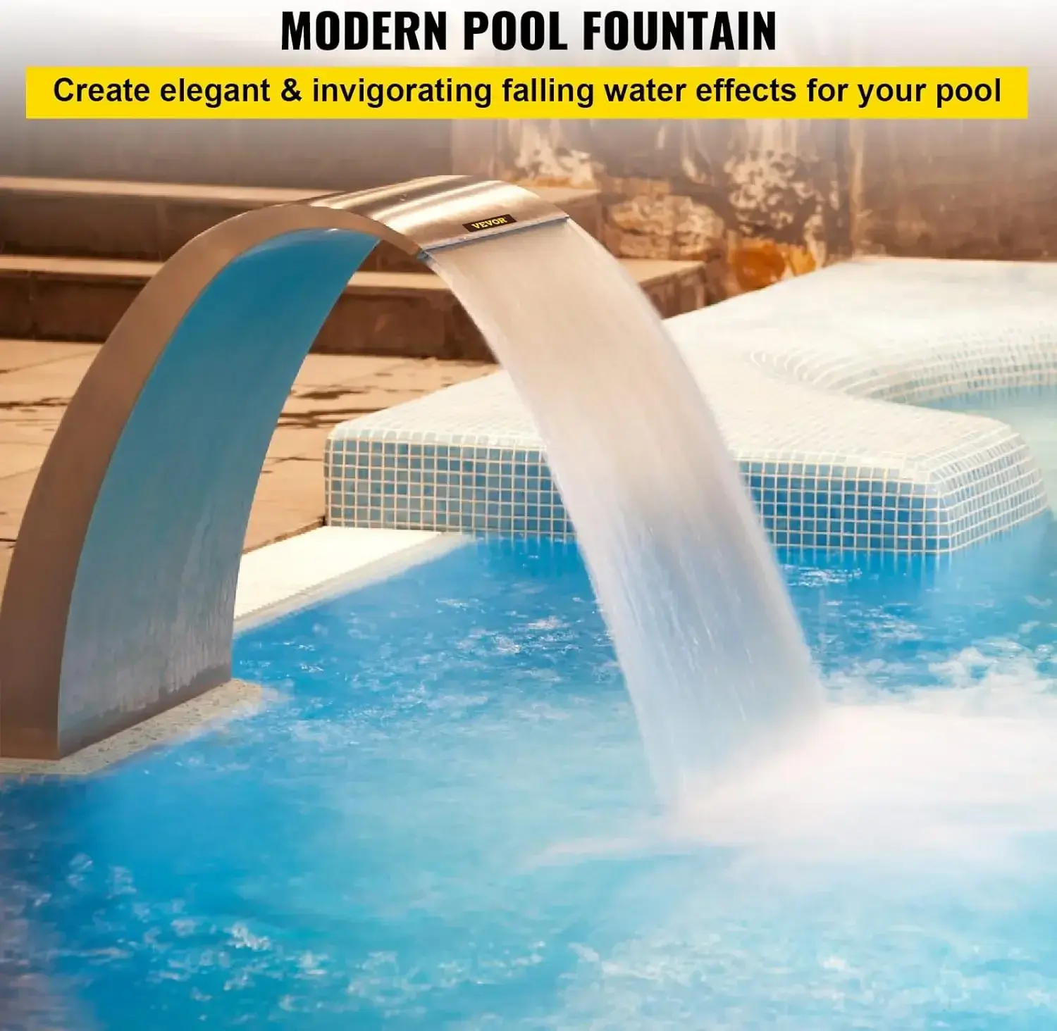 Pool Waterfall Fountain Stainless Steel Fountain 15.4" x 7.9" x 1.5" Silver Pool Fountains for Ground Pools Garden Outdoor