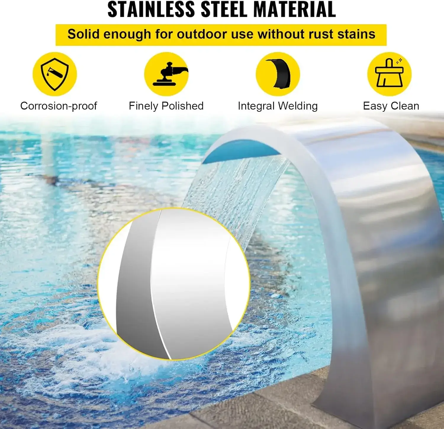 Pool Waterfall Fountain Stainless Steel Fountain 15.4" x 7.9" x 1.5" Silver Pool Fountains for Ground Pools Garden Outdoor