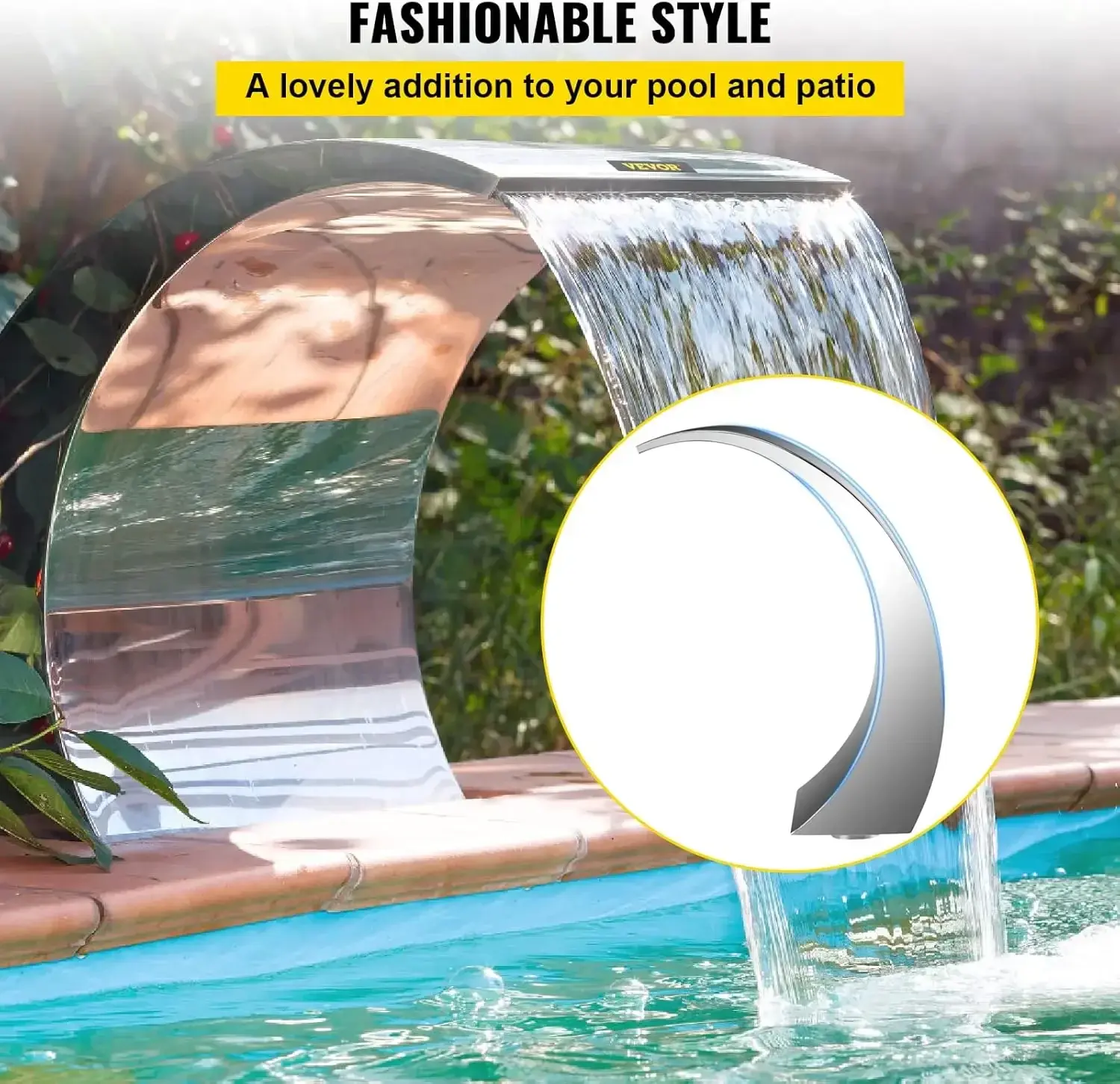 Pool Waterfall Fountain Stainless Steel Fountain 15.4" x 7.9" x 1.5" Silver Pool Fountains for Ground Pools Garden Outdoor