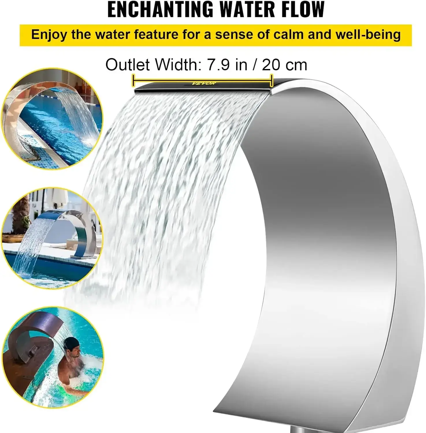 Pool Waterfall Fountain Stainless Steel Fountain 15.4" x 7.9" x 1.5" Silver Pool Fountains for Ground Pools Garden Outdoor