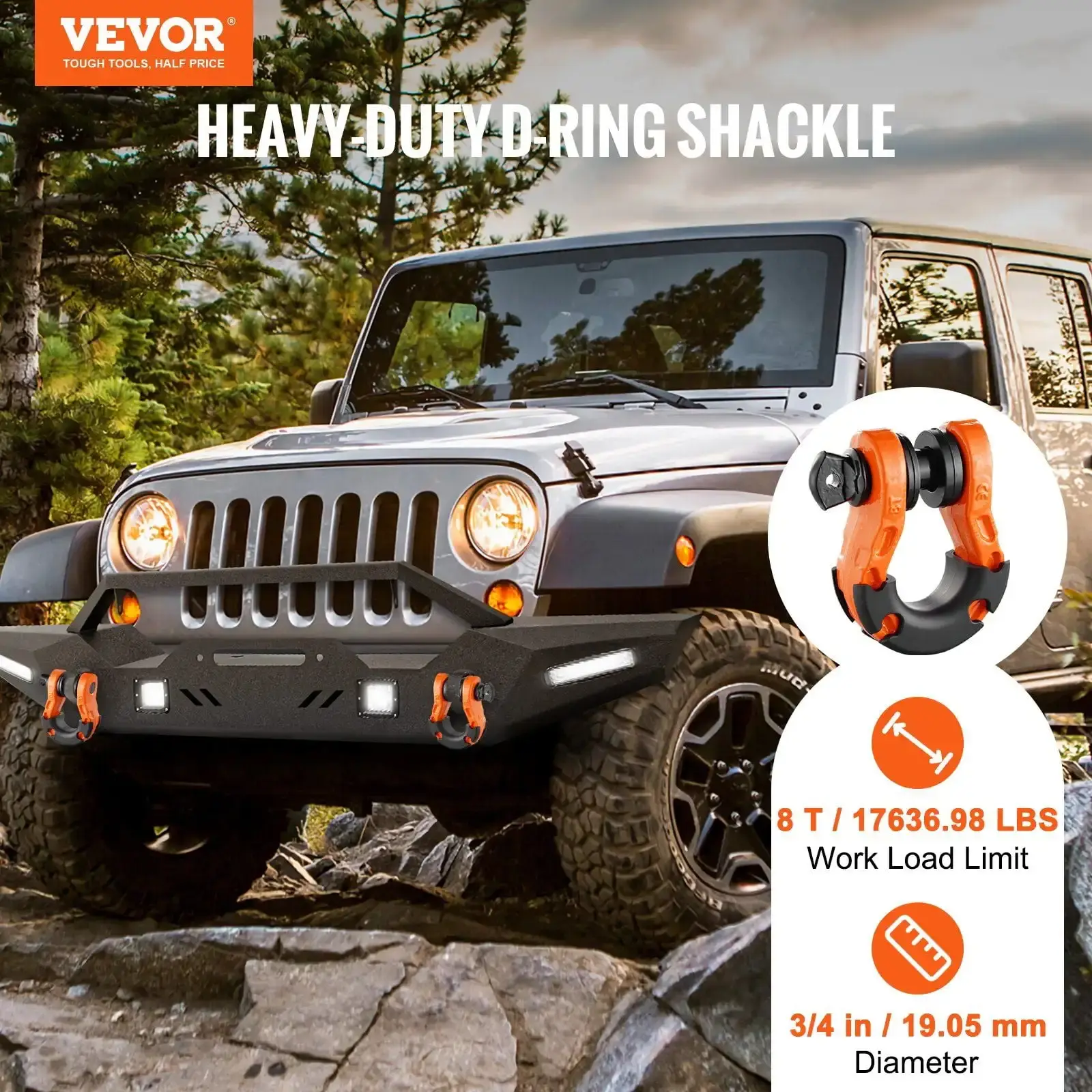 3/4" D-Ring Shackle, 2 Pack Alloy Steel Shackles 66139 lbs (30 Ton) Break Strength with 7/8" Screw Pin, Isolators & Washers