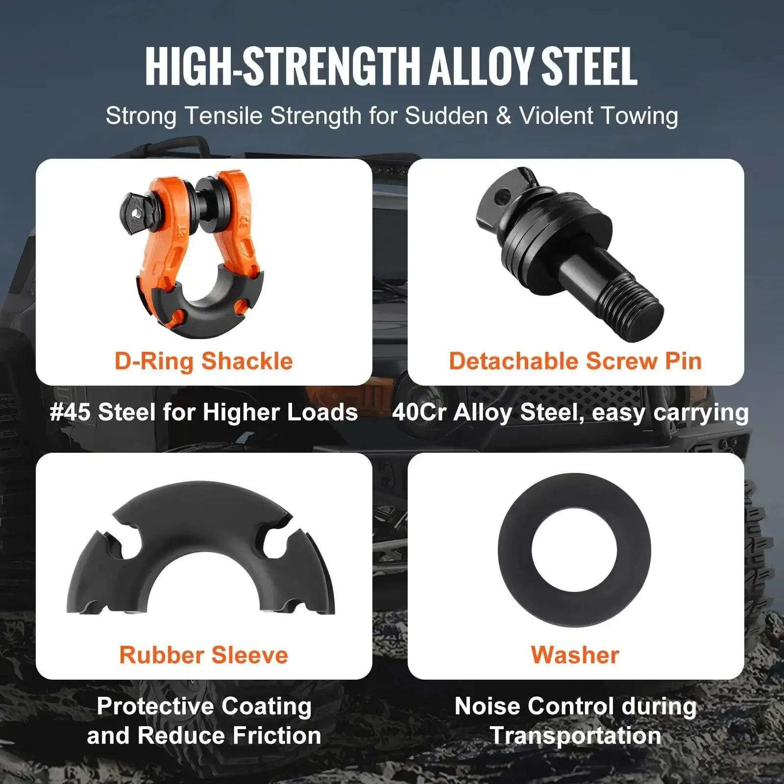 3/4" D-Ring Shackle, 2 Pack Alloy Steel Shackles 66139 lbs (30 Ton) Break Strength with 7/8" Screw Pin, Isolators & Washers