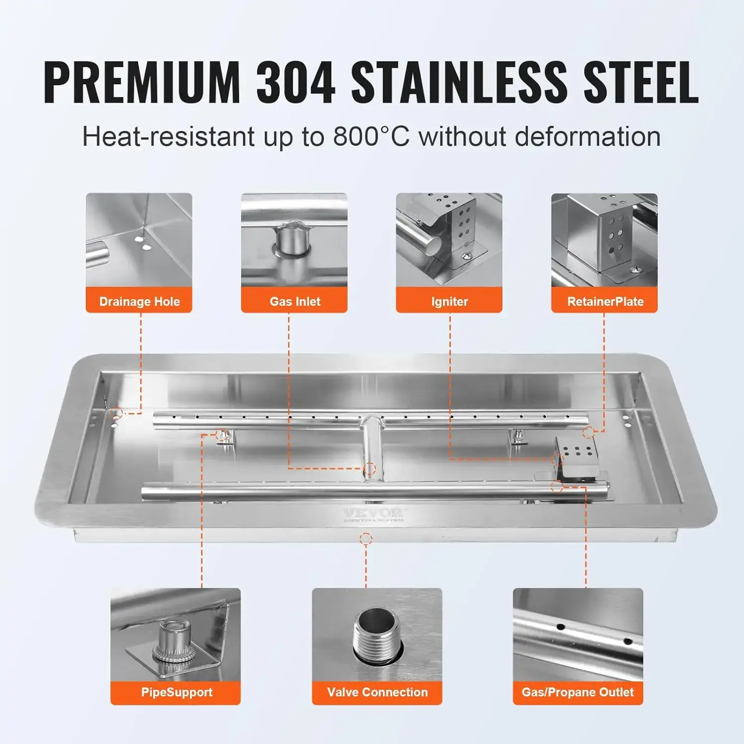 30 x 10 inch Drop-in Fire Pit Pan, Rectangular Stainless Steel Fire Pit Burner Kit,Propane Gas Fire Pan125,000 BTU with H-Burner