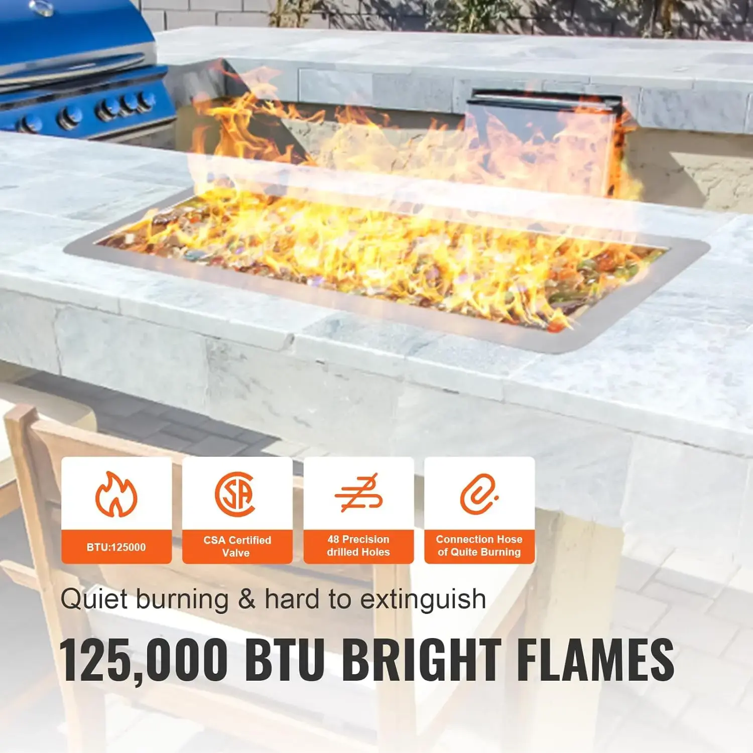 30 x 10 inch Drop-in Fire Pit Pan, Rectangular Stainless Steel Fire Pit Burner Kit,Propane Gas Fire Pan125,000 BTU with H-Burner
