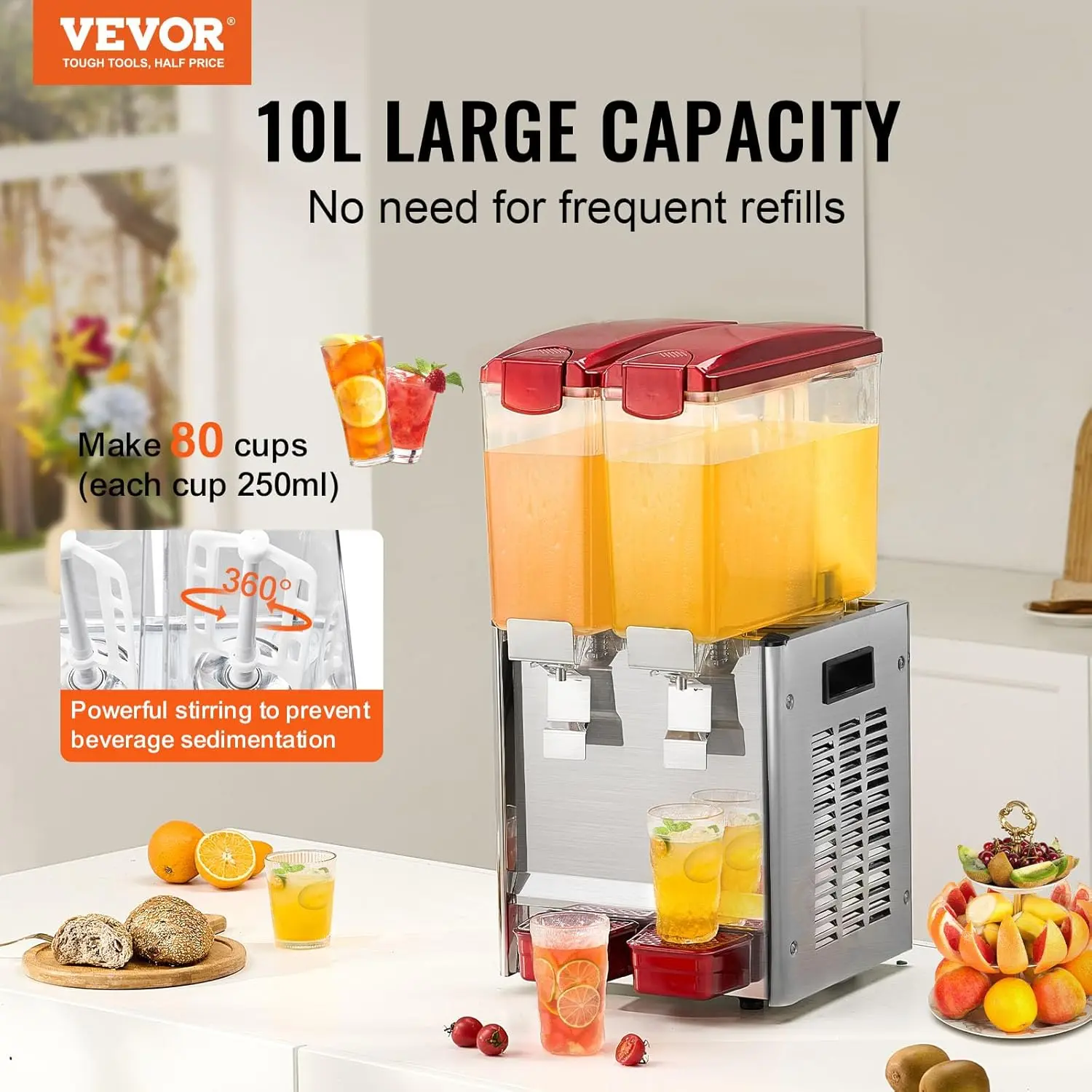 Commercial Beverage Dispenser, 2 Tanks 10 L / 10.6 QT Per Tank Juice Dispenser, 260W Stainless Steel Ice Tea Drink Machine
