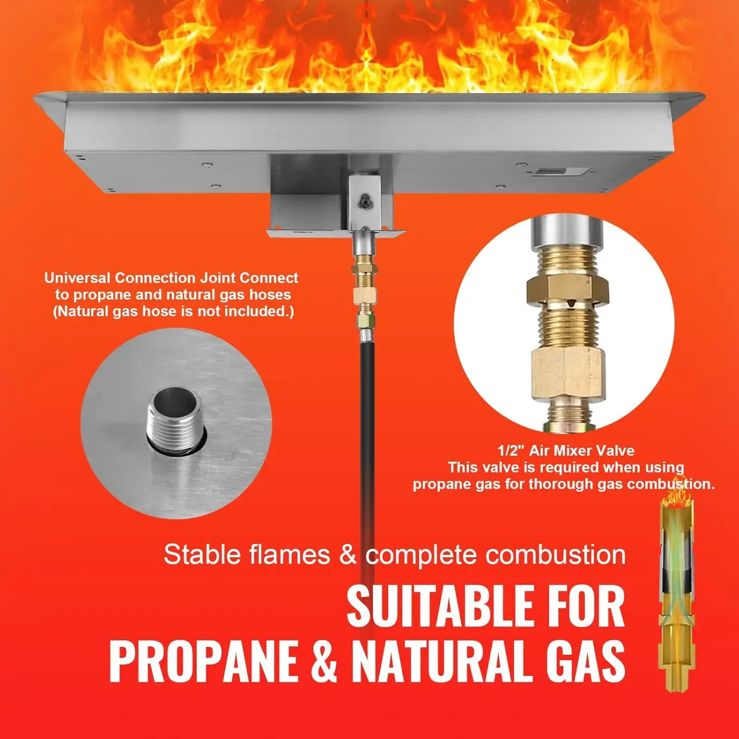 30 x 10 inch Drop-in Fire Pit Pan, Rectangular Stainless Steel Fire Pit Burner Kit,Propane Gas Fire Pan125,000 BTU with H-Burner