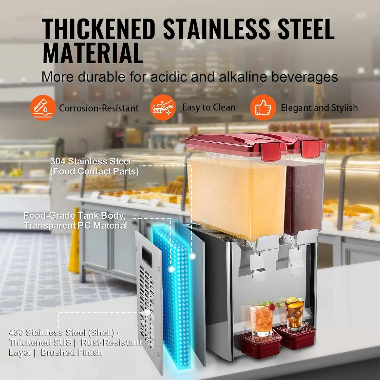 Commercial Beverage Dispenser, 2 Tanks 10 L / 10.6 QT Per Tank Juice Dispenser, 260W Stainless Steel Ice Tea Drink Machine