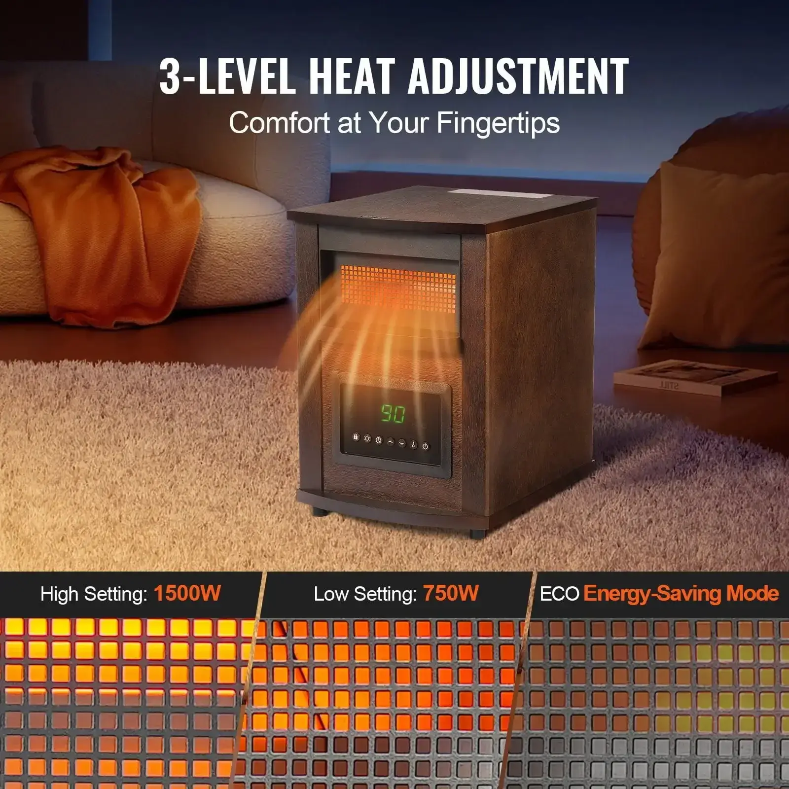 Infrared Heater, 1500W Remote Control Electric Space Heater, LED Patio Heater w/ 3 Speeds & Timer & Overheat