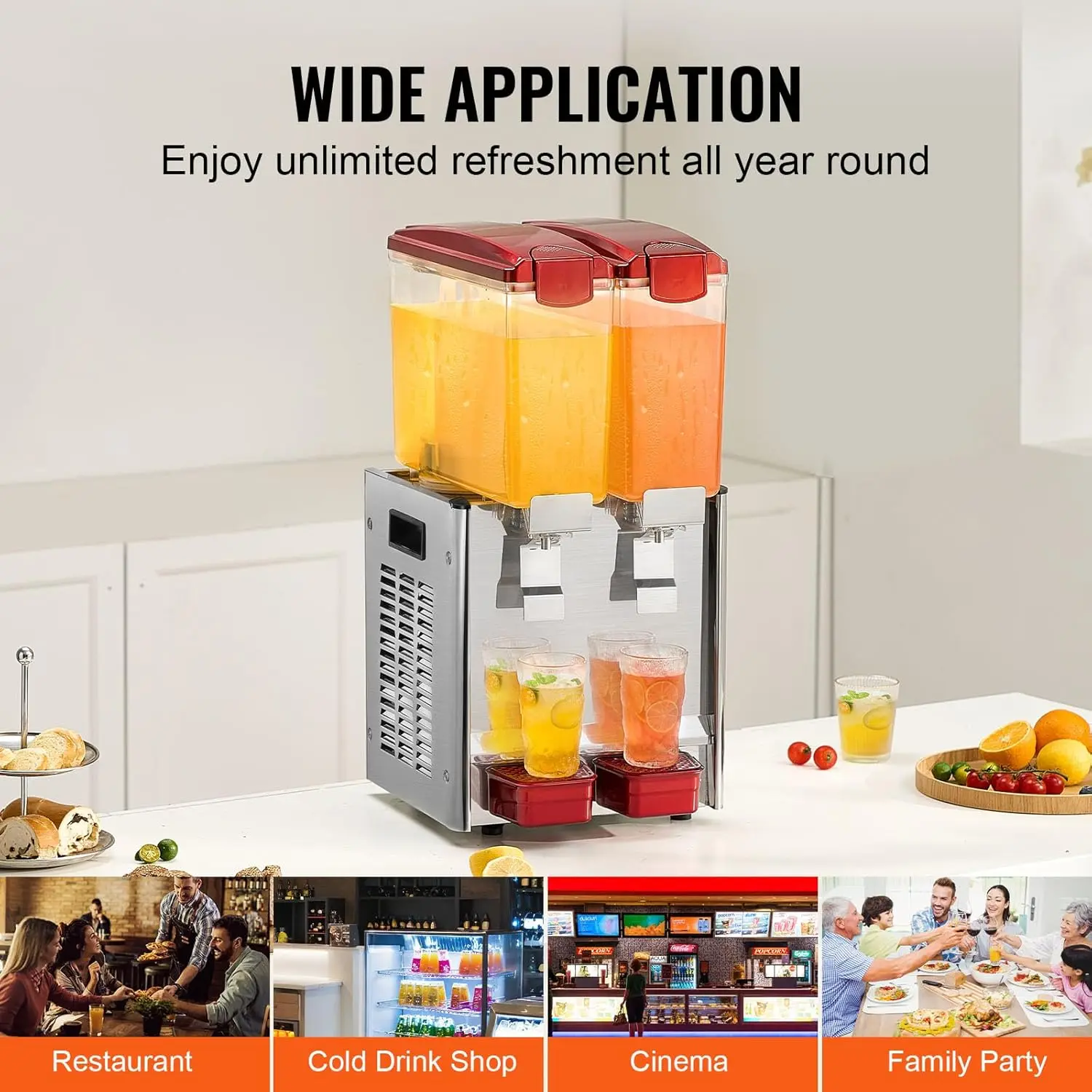 Commercial Beverage Dispenser, 2 Tanks 10 L / 10.6 QT Per Tank Juice Dispenser, 260W Stainless Steel Ice Tea Drink Machine