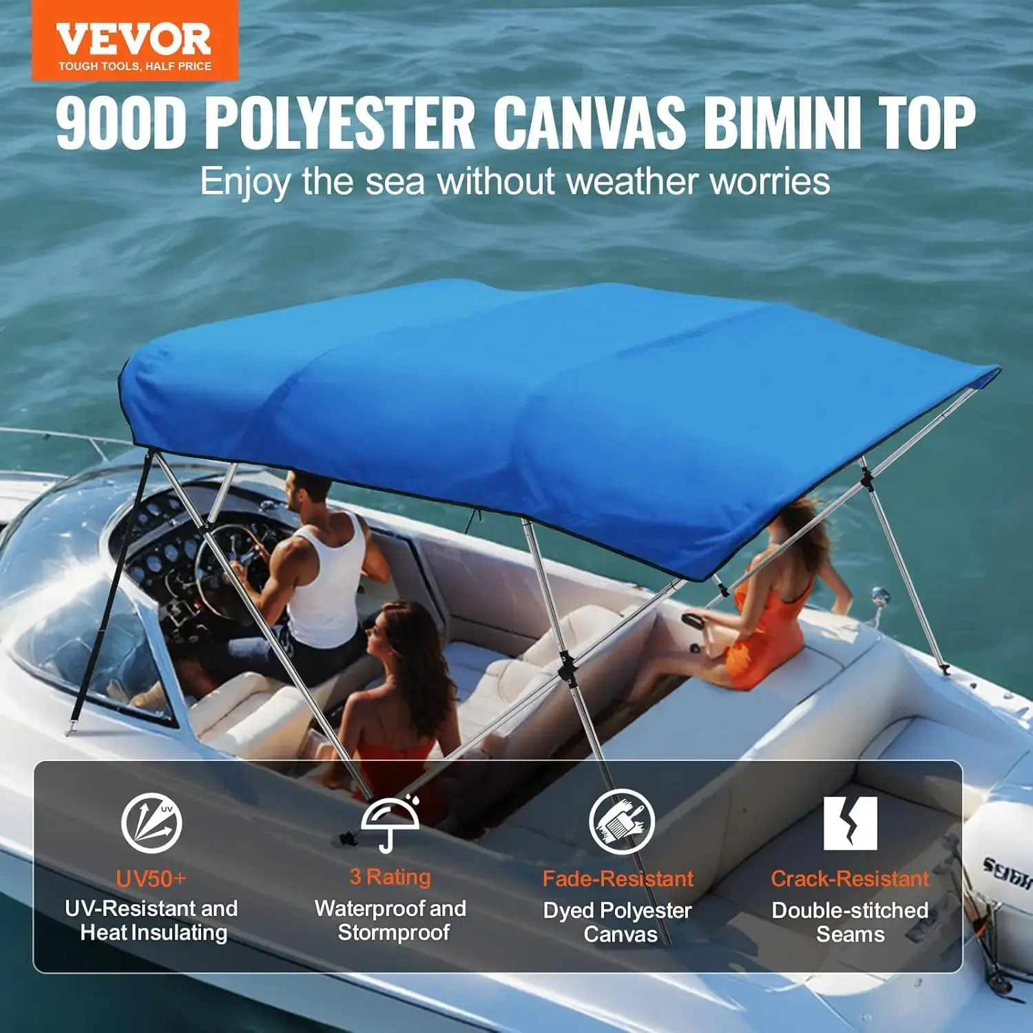 4 Bow Bimini Top Boat Cover, 900D Polyester Canopy with 1" Aluminum Alloy Frame, Waterproof and Sun Shade, 8'L x 54"H x 91"-96"W