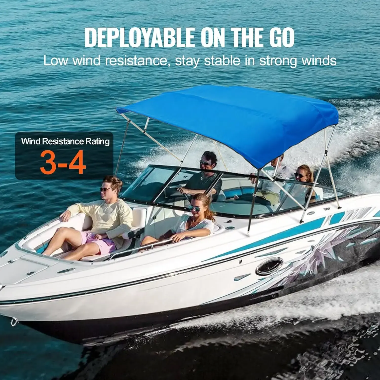 4 Bow Bimini Top Boat Cover, 900D Polyester Canopy with 1" Aluminum Alloy Frame, Waterproof and Sun Shade, 8'L x 54"H x 91"-96"W