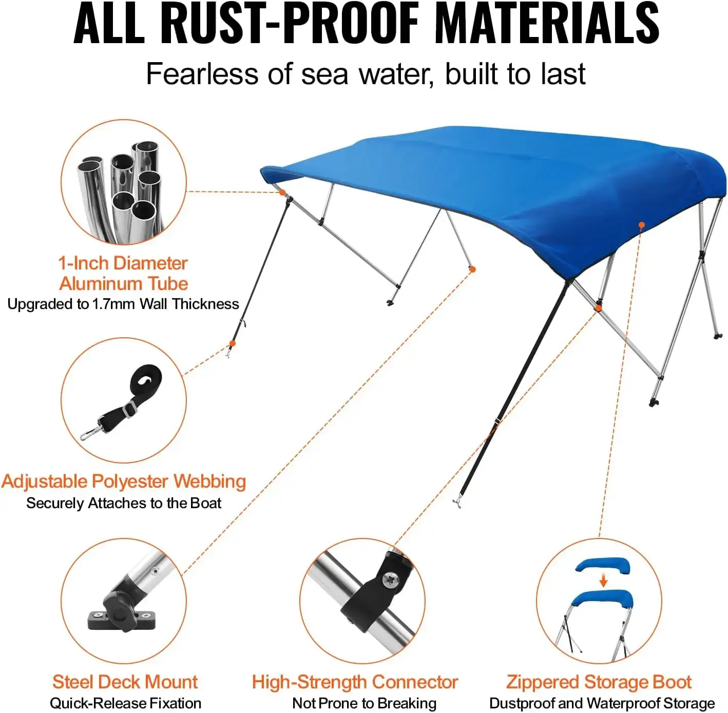 4 Bow Bimini Top Boat Cover, 900D Polyester Canopy with 1" Aluminum Alloy Frame, Waterproof and Sun Shade, 8'L x 54"H x 91"-96"W