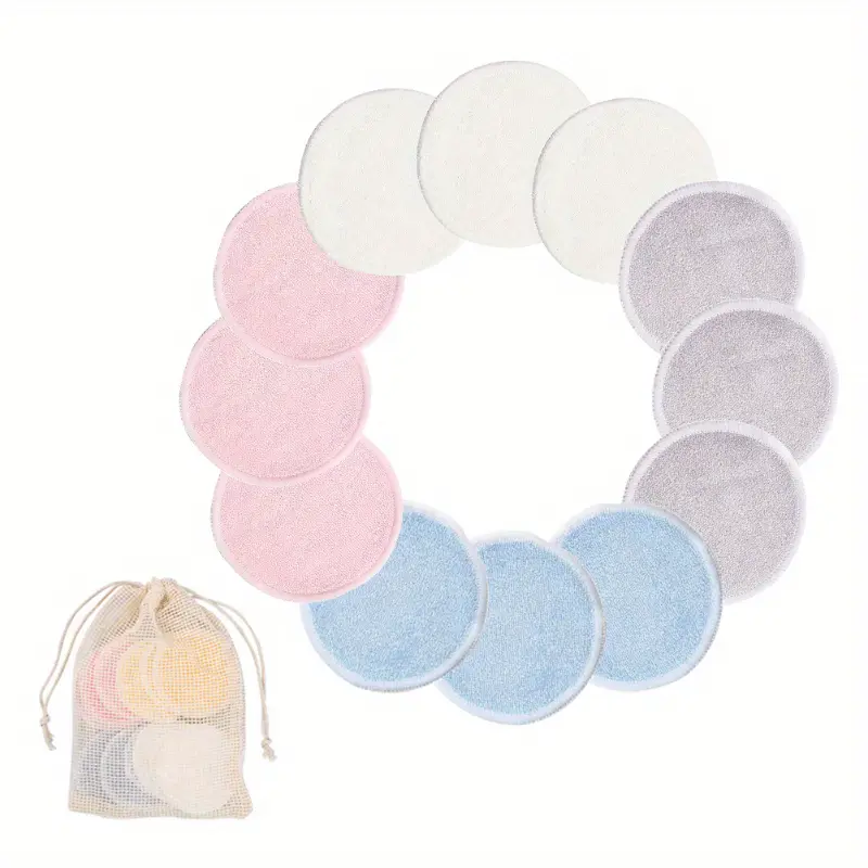 Reusable Bamboo Fiber Makeup Remover Pads 12pcs/Pack Washable Rounds Cleansing Facial Cotton Make Up Removal Pads Tool