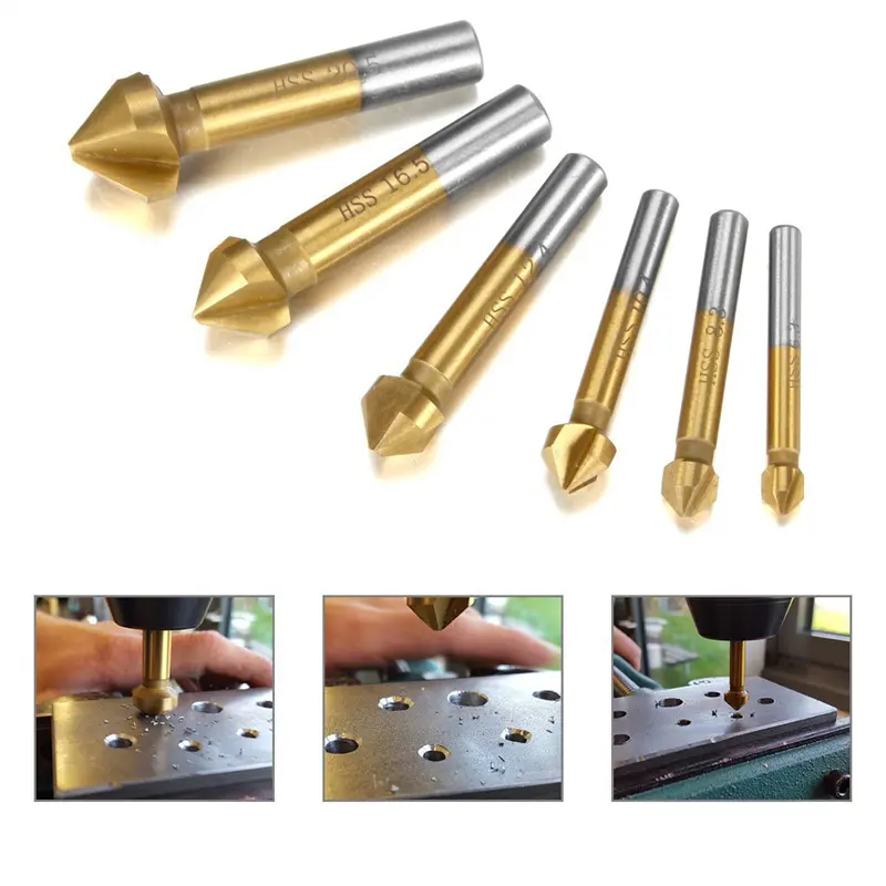 6pcs 90 Degree Three Blade Fully Ground Chamfering Tools HSS Countersink Drill Bit Set 6.3-20.5mm Woodworking Drilling Tool