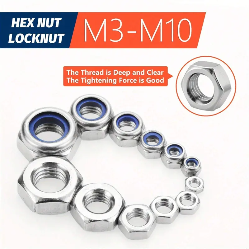 175pcs/Set Stainless Steel Locknuts & Hex Nuts Assortment Kit M3 M4 M5 M6 M8 M10 Sizes Metric Nylon Insert Lock & Hex Nut Set