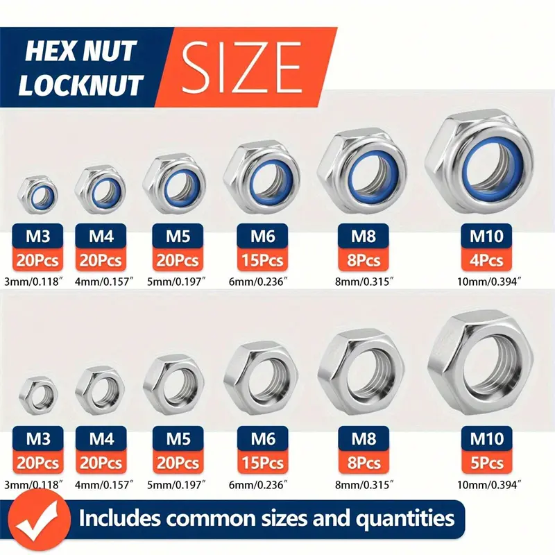 175pcs/Set Stainless Steel Locknuts & Hex Nuts Assortment Kit M3 M4 M5 M6 M8 M10 Sizes Metric Nylon Insert Lock & Hex Nut Set
