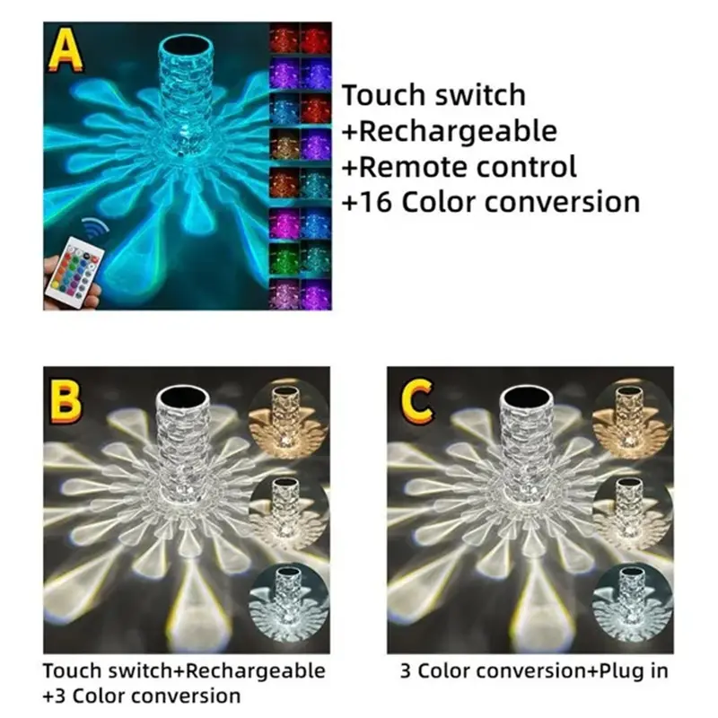 Waterdrop Table Lamp LED Crystal Projector 3/16 Colors Touch Adjustable Romantic Diamond Atmosphere Light USB Touch Night Light