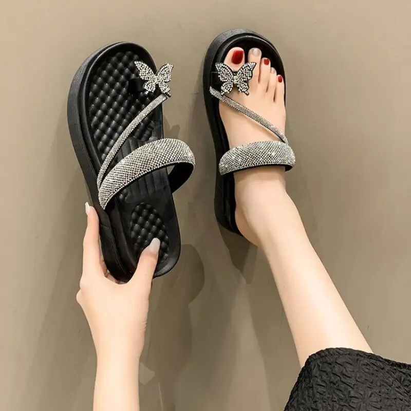 Summer optional women's two-way flat sandals women's shoes for outer wear rhinestone thick-soled sandals Summer optional women's