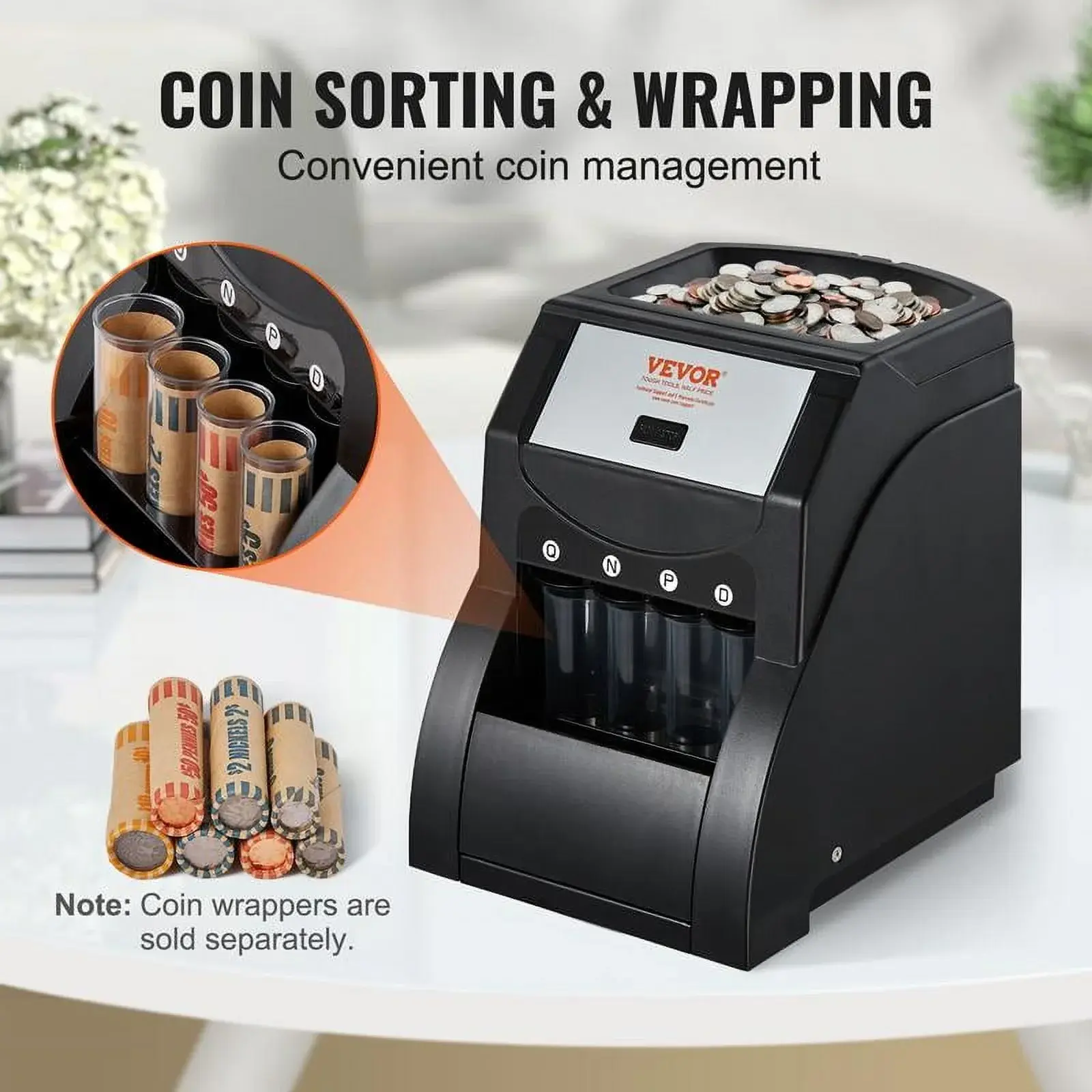 USD Coin Sorter, Coin Sorter Machine for USD Coin 1￠ 5￠ 10￠ 25￠, Sorts up to 230 Coins/min, Included 4 Tubes, Black