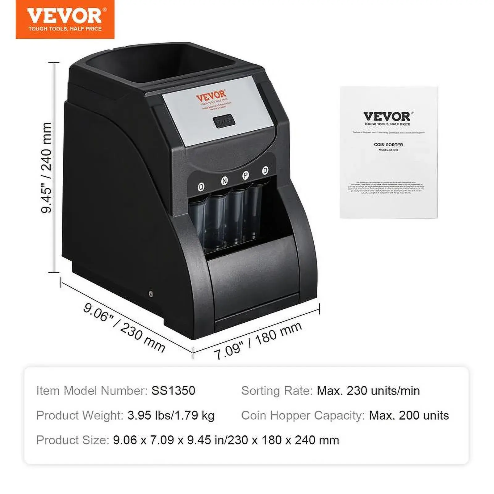 USD Coin Sorter, Coin Sorter Machine for USD Coin 1￠ 5￠ 10￠ 25￠, Sorts up to 230 Coins/min, Included 4 Tubes, Black