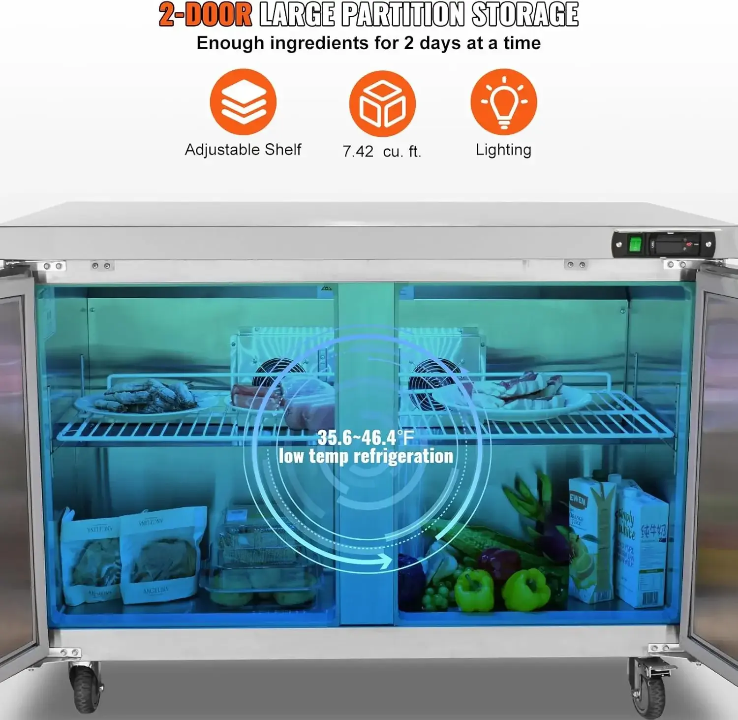 Commercial Refrigerator, 48" Worktop Undercounter Refrigerator, 12.85 Cu. Ft Thick Stainless Steel Refrigerated Prep Station