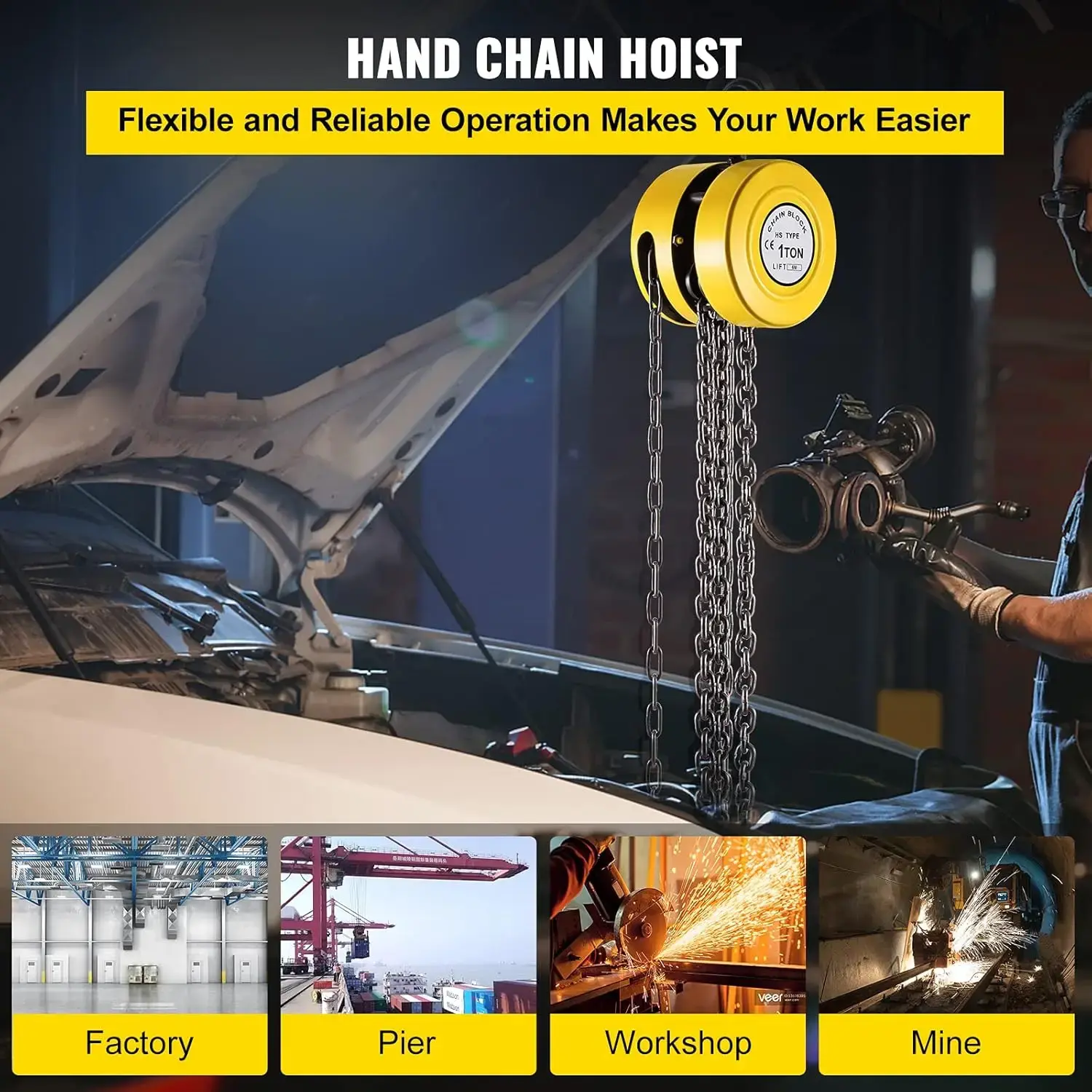 Hand Chain Hoist, 2200 lbs /1 Ton Capacity Chain Block, 20ft/6m Lift Manual Hand Chain Block, Manual Hoist w