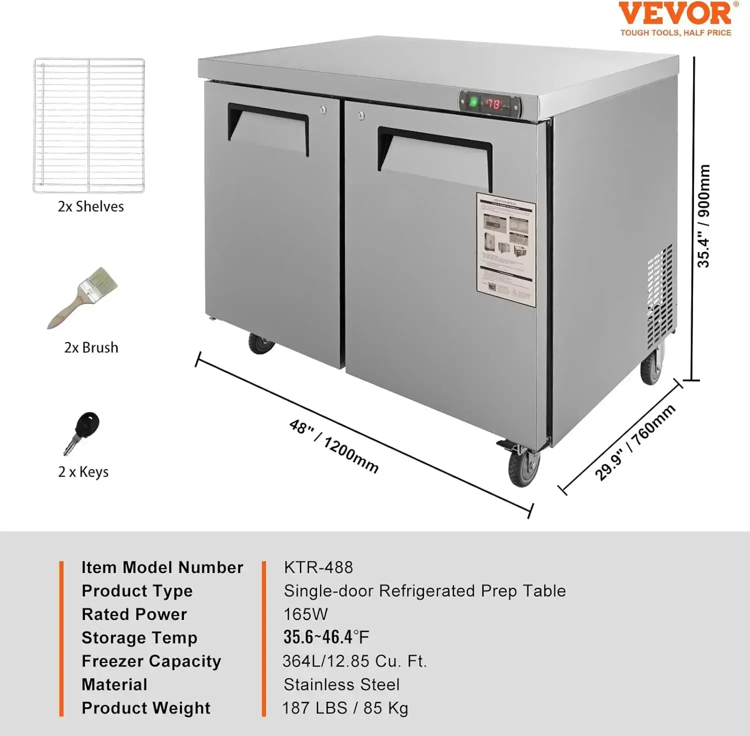 Commercial Refrigerator, 48" Worktop Undercounter Refrigerator, 12.85 Cu. Ft Thick Stainless Steel Refrigerated Prep Station