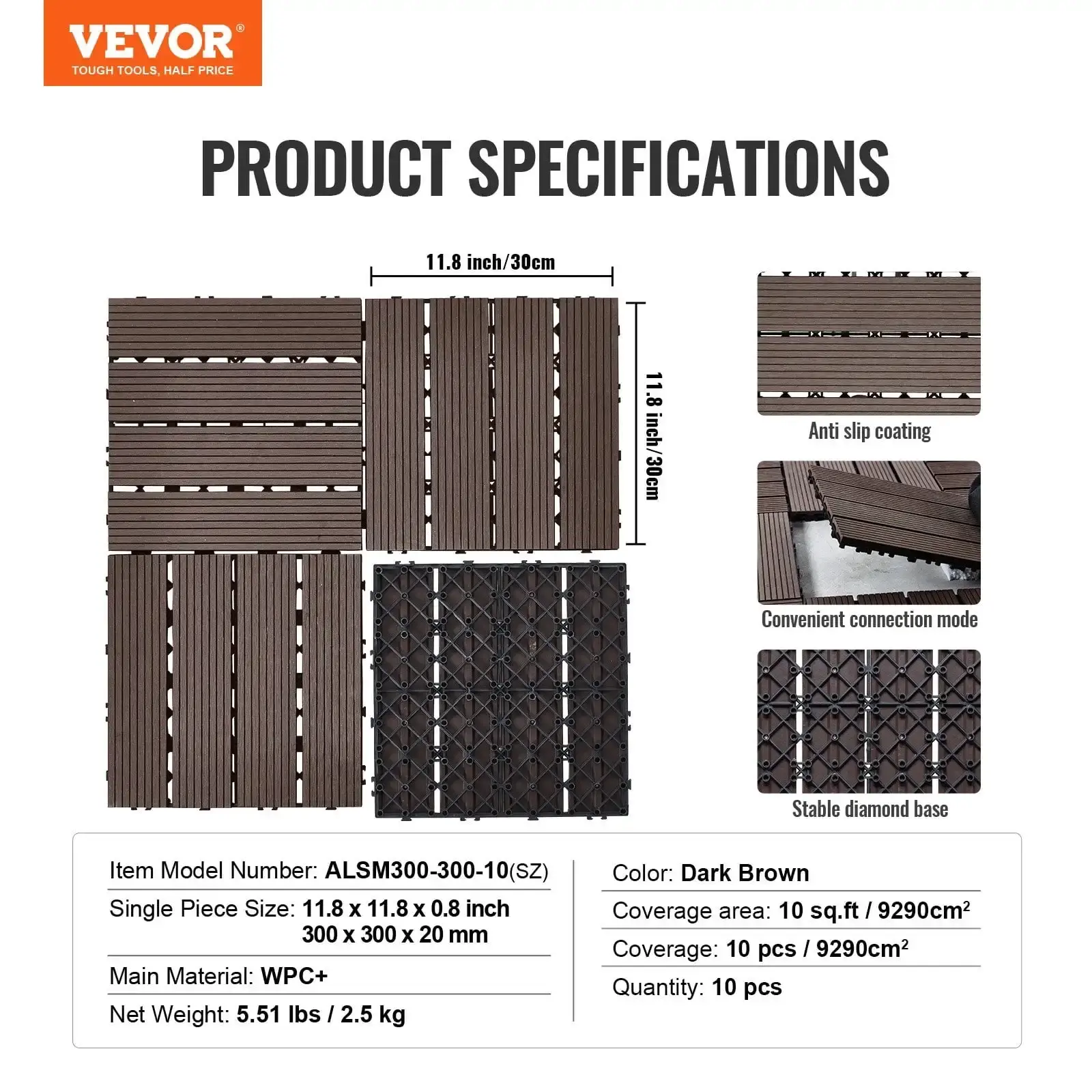 Interlocking Deck Tiles Plastic Wood 10 Pack 12"x12" Waterproof for Porch