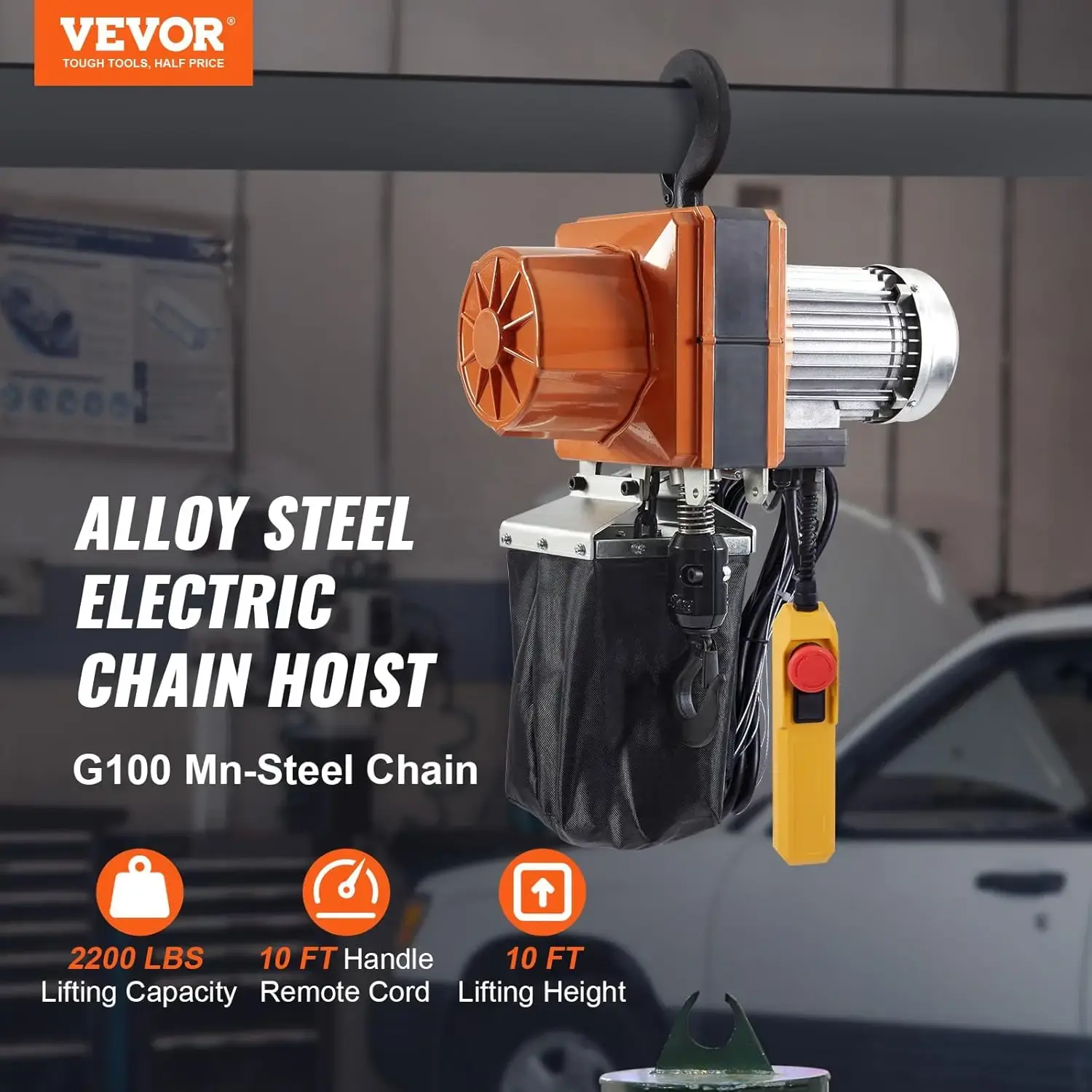 Electric Chain Hoist, 2200 lbs/1 ton Capacity, 10 ft Lifting Height, 10 ft/min Speed, 120V, Single Phase Overhead Crane