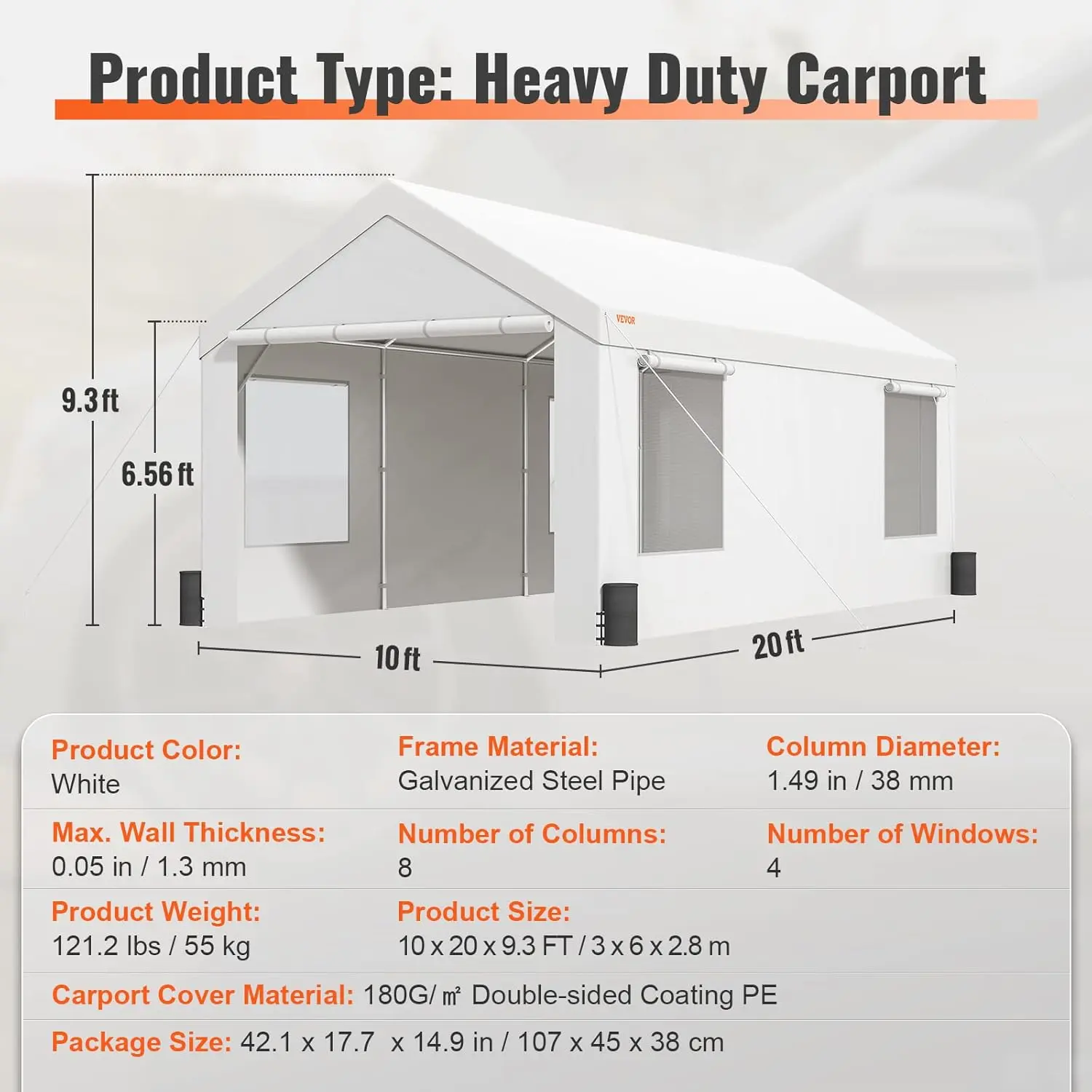 10x20ft Car Canopy with Roll-up Ventilated Windows & Removable Sidewalls, UV Resistant Waterproof All-Season Tarp