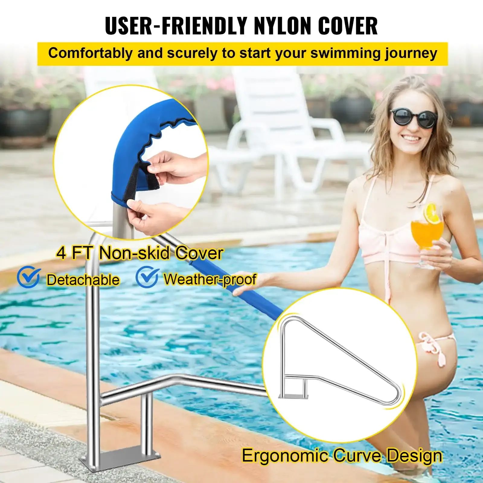 Pool Rail 54x36" Pool Railing 304 Stainless Steel 250LBS Load Capacity Silver Rustproof Pool Handrail Humanized Swimming