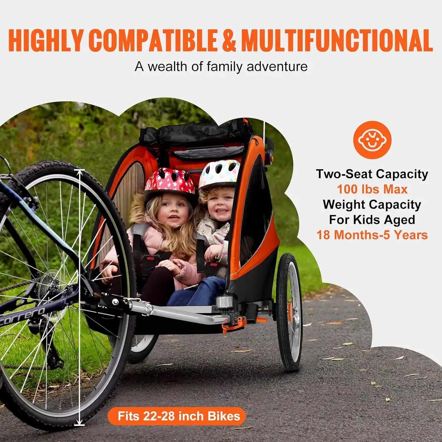 Bike Trailer for Toddlers, Kids, Double Seat, 100 lbs Load, 2-in-1 Canopy Carrier Converts to Stroller, Tow Behind Foldable