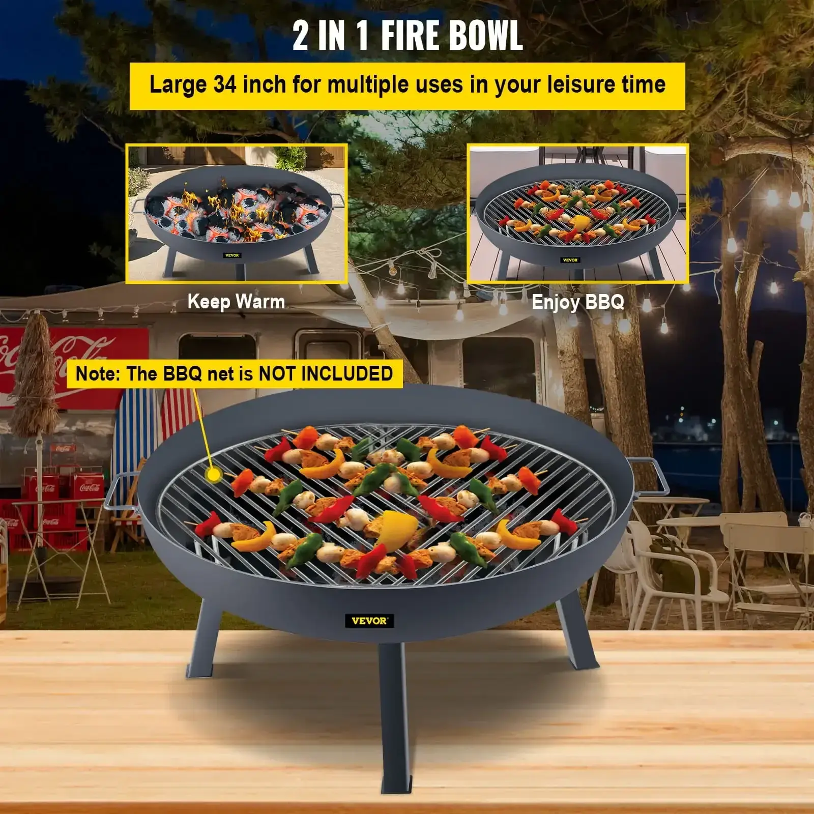 Fire Pit Bowl, 34-inch Diameter Round Carbon Steel Fire Bowl, Wood Burning for Outdoor Patios, Backyards & Camping Uses