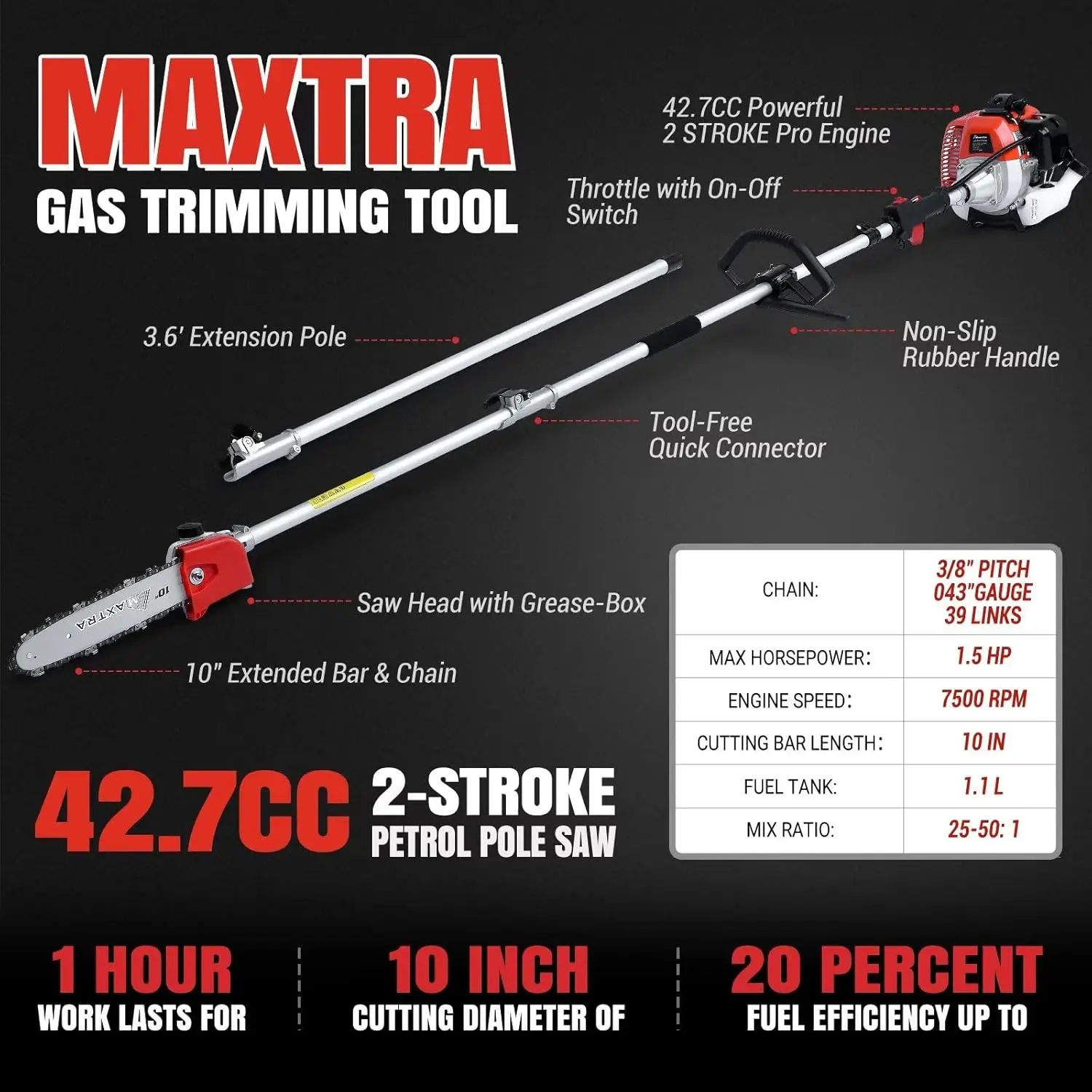 Pole Saw Gas Powered, 16-Foot Reach 42.7CC 2-Cycle 10-Inch Bar Cordless Extendable Long Trimmer Power Gasoline Chainsaw
