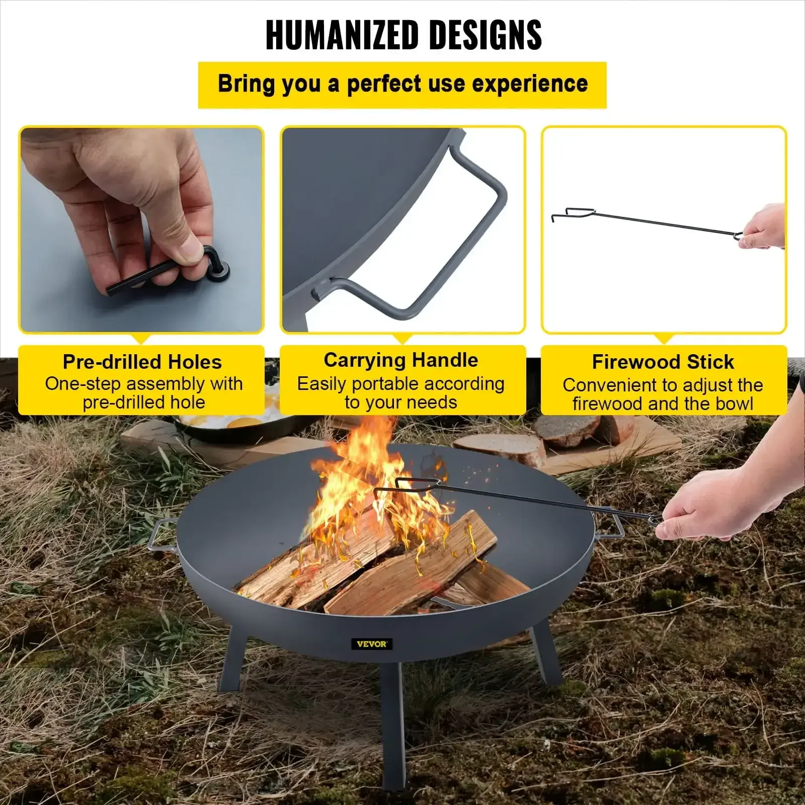 Fire Pit Bowl, 34-inch Diameter Round Carbon Steel Fire Bowl, Wood Burning for Outdoor Patios, Backyards & Camping Uses
