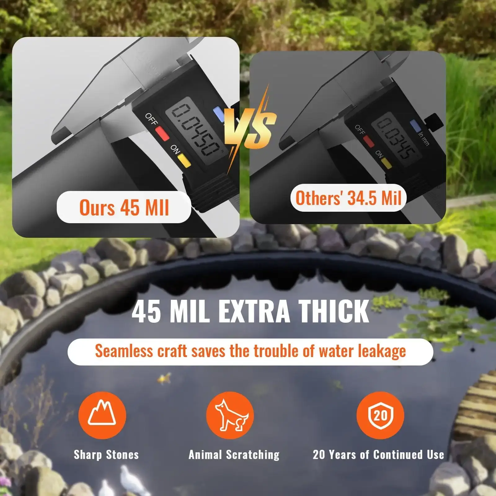 Pond Liner, 30 x 35 ft 45 Mil Thickness, Pliable EPDM Material Pond Skins, Easy Cutting Underlayment for Fish or Koi Ponds