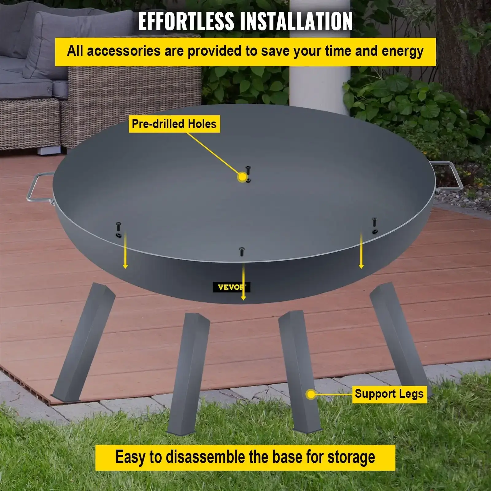 Fire Pit Bowl, 34-inch Diameter Round Carbon Steel Fire Bowl, Wood Burning for Outdoor Patios, Backyards & Camping Uses