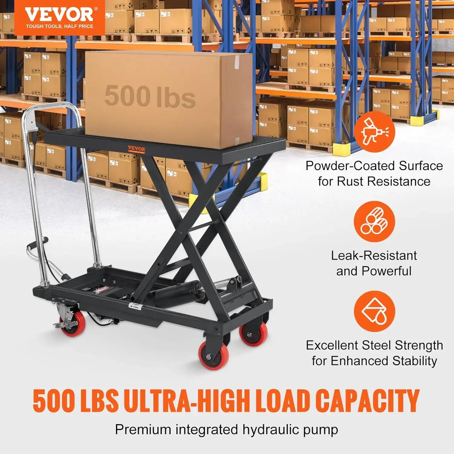 Hydraulic Lift Table Cart, 500lbs Capacity 28.5" Lifting Height, Manual Single Scissor Lift Table with 4 Wheels and Non-Slip Pad